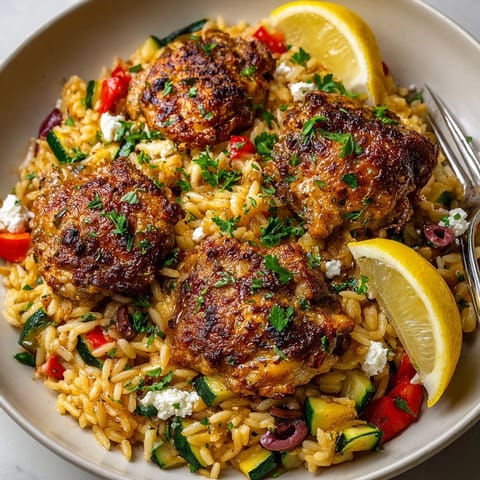 One-pan Mediterranean Chicken and Orzo Skillet served hot with lemon wedges and fresh parsley garnish.