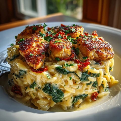 Enjoy a comforting bowl of One-Pot Creamy Tuscan Chicken Orzo made with sun-dried tomatoes and Parmesan.