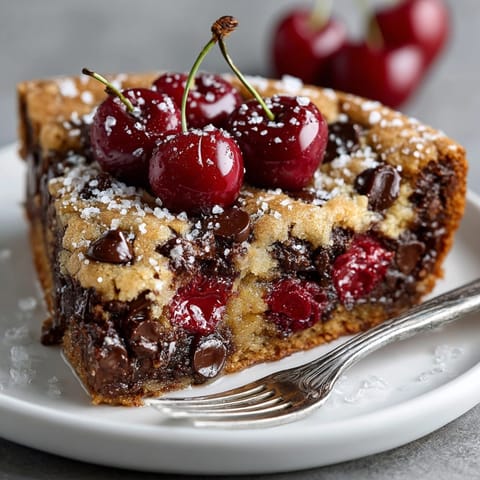 A delightful image: the baked Cherry-Coded Chocolate Chip Cookie Skillet has rich chocolate and cherry chunks.