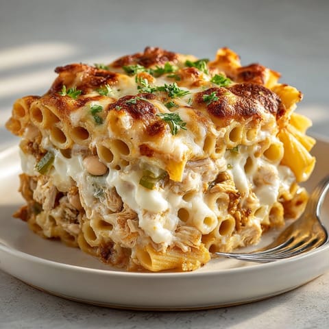 Shredded chicken and beans baked in a white sauce, showcasing Weeknight Baked Ziti.
