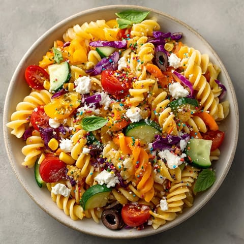 This Chaos Cake-Inspired rainbow pasta salad features colorful veggies & a creamy dressing; imagine each bite!