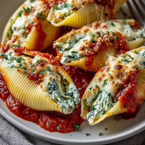 Cheesy ricotta stuffed shells with spinach served warm, golden, and ready for a comforting weeknight meal.
