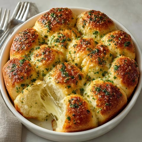 Close-up of warm Cheesy Garlic Pull-Apart Dinner Rolls brushed with fragrant garlic butter for sharing.