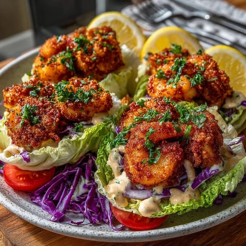 Fresh Shrimp Po&#39; Boy Lettuce Boats served on crisp leaves, garnished with parsley and lemon.