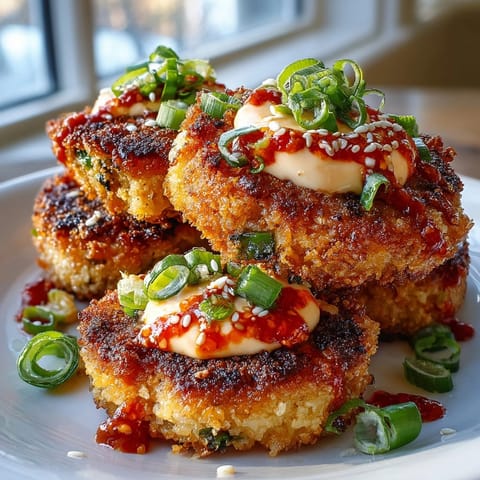 Golden brown Asian-Style Tuna Cakes topped with creamy spicy mayo for a quick lunch.