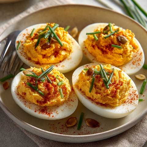 Close-up of spiced Pumpkin Deviled Eggs; the smooth filling hints at autumn flavors.