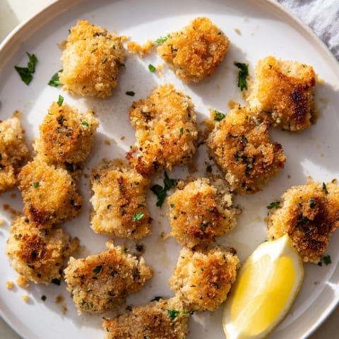 Close-up of flavorful Garlic Herb Popcorn Chicken, a savory bite of deliciousness.
