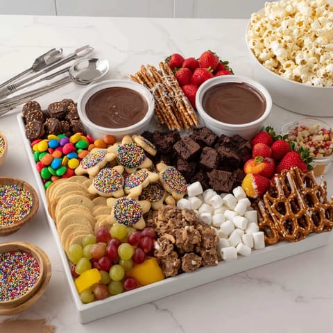 Festive dessert board with sweet cookies, chocolate delights, and vibrant fruit slices.  