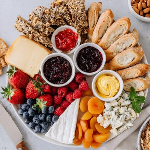 Delightful jam-infused brunch board featuring vibrant fruits and creamy cheeses.  