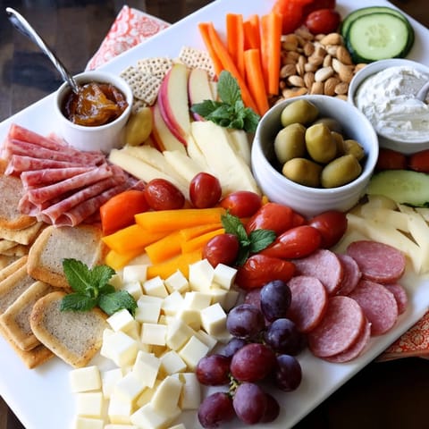 Colorful array of snacks on a girl dinner platter, perfect for sharing with friends.  