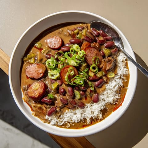 Comfort food delight: hearty Red Beans & Rice with smoky sausage over fluffy rice.  