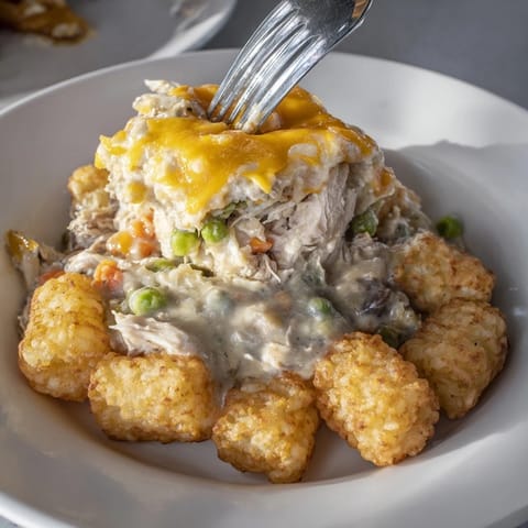 A bubbling 9x13 dish of Tater Tot Chicken Pot Pie, featuring a crispy tater tot crust.