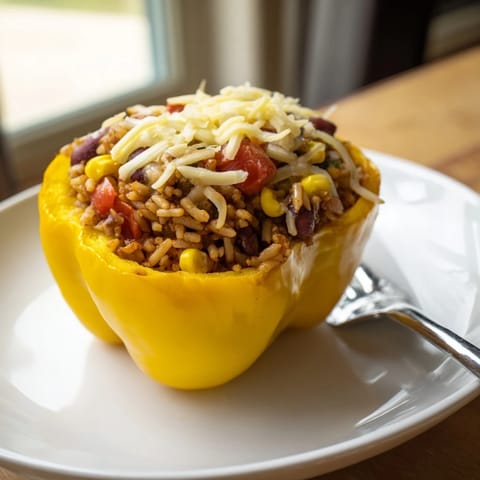 Warm and cheesy Stuffed Bell Peppers, a hearty meal filled with seasoned rice and vegetables.
