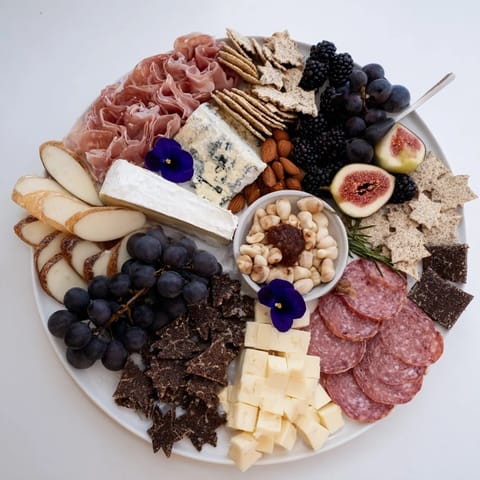 A stunning Celestial Night Board, featuring cheeses, charcuterie, and star-shaped chocolates for a perfect evening.