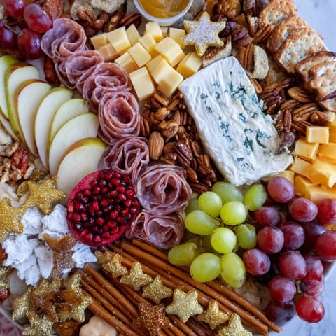 Enjoy a visually stunning Shining Bright Christmas 2025 Board, overflowing with cheese, fruits, meats, and crackers for the holidays.