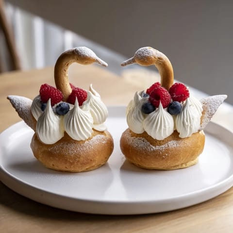 The golden-brown Plateau Cygne Pâtisseries Aériennes shine with dusted sugar and fresh berries.