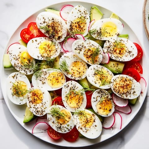 Close-up of a brunch board: perfectly sliced hard-boiled eggs on a bed of fresh herbs.