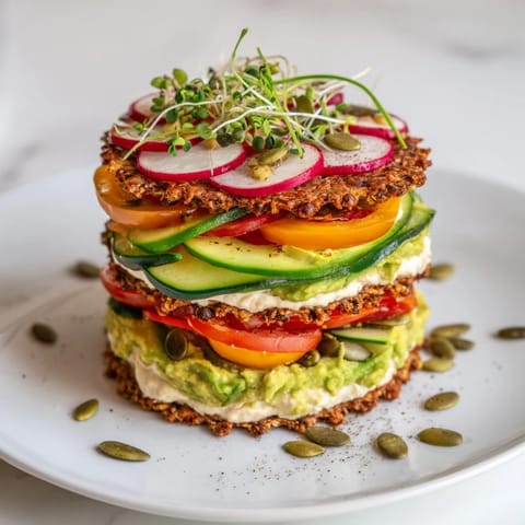 Impressive Gluten-Free Gourmet Tower: experience creamy textures and vibrant flavors layered on gluten-free bread.
