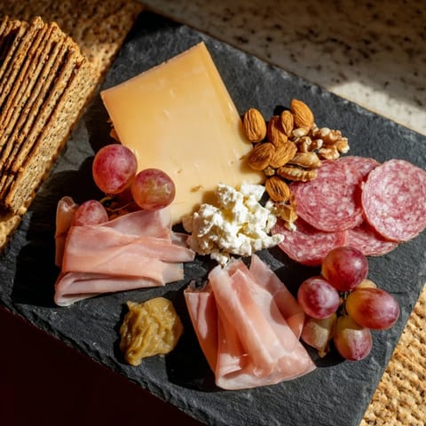 Vibrant image of The Charcuterie Board for One, ready to eat, with tempting artisan cheeses.
