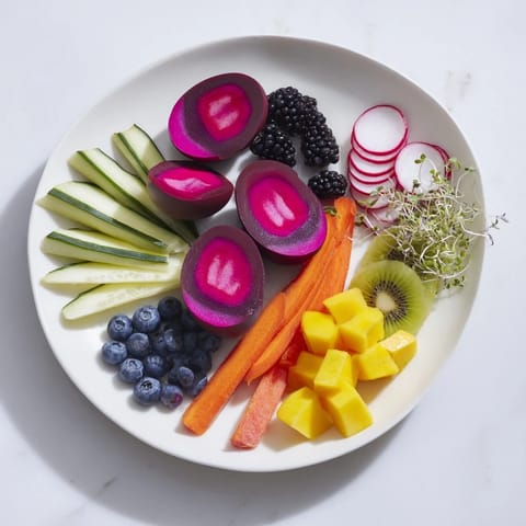 The Neon Night features a striking arrangement: pickles, eggs, and fruit bursting with color.