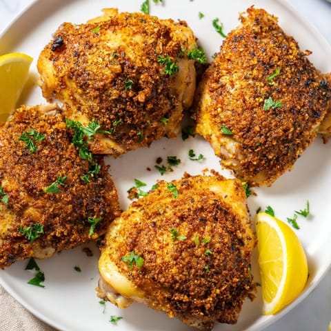 Air-fried crispy garlic chicken thighs, showcasing the delicious, golden-brown, and perfectly seasoned skin.