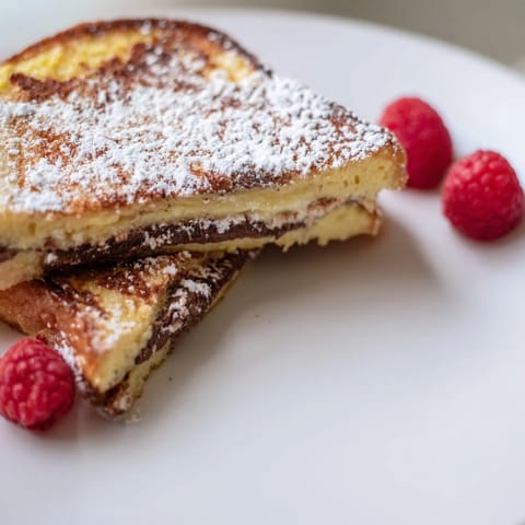 Fluffy Nutella Brioche French Toast, dusted with powdered sugar and topped with fresh berries.