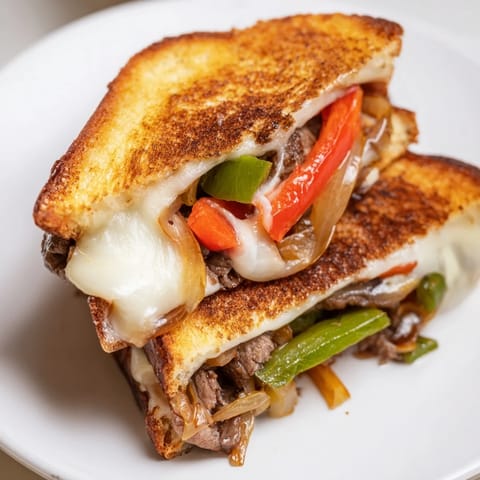 A hot Philly Cheesesteak Grilled Cheese sandwich cut in half, revealing juicy ribeye strips, sautéed bell peppers, onions, and gooey provolone cheese layers.
