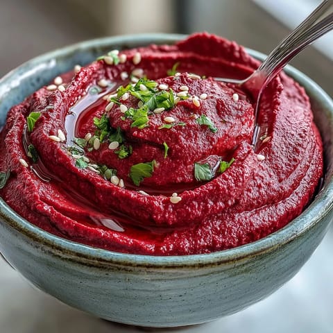 Creamy, earthy Roasted Beet Hummus garnished with olive oil, perfect for appetizers.