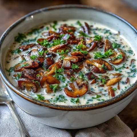 Creamy Mushroom Stroganoff Soup garnished with fresh parsley, a comforting bowl.