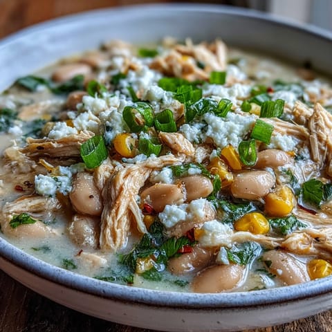 Hearty white chicken chili with creamy beans and corn, bursting with flavor.