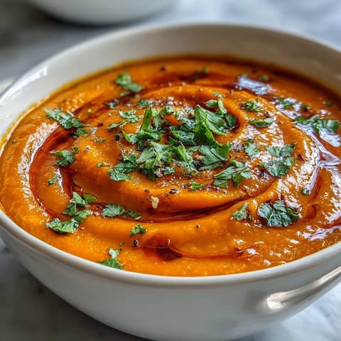 Vibrant Carrot, Celeriac and Chilli Soup ladle into a rustic bowl, steam rising from the orange-gold broth.