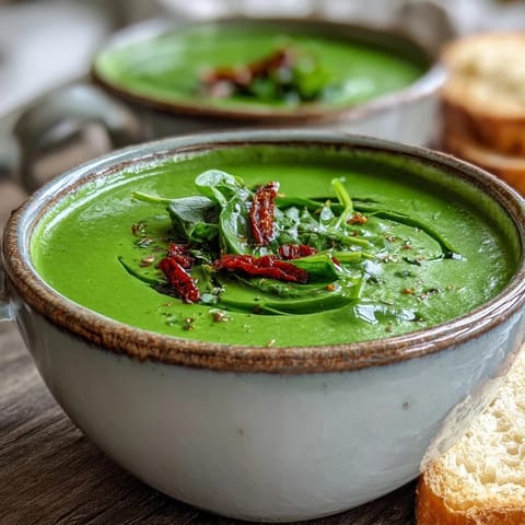 A bowl of vibrant green Spinach Coriander Lemongrass Soup with coconut milk, served beside crusty bread.