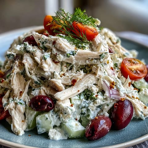Chilled Mediterranean Tzatziki Chicken Salad featuring juicy rotisserie chicken, Greek yogurt sauce, cherry tomatoes, and feta cheese.