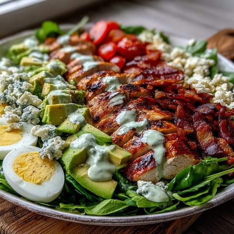 Creamy avocado, crumbled blue cheese, and hard-boiled eggs garnish a hearty Cobb Salad Bowl with ranch dressing.