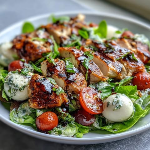 Juicy grilled chicken, creamy mozzarella, and ripe tomatoes in a Caprese Chicken Bowl served with a balsamic glaze drizzle.
