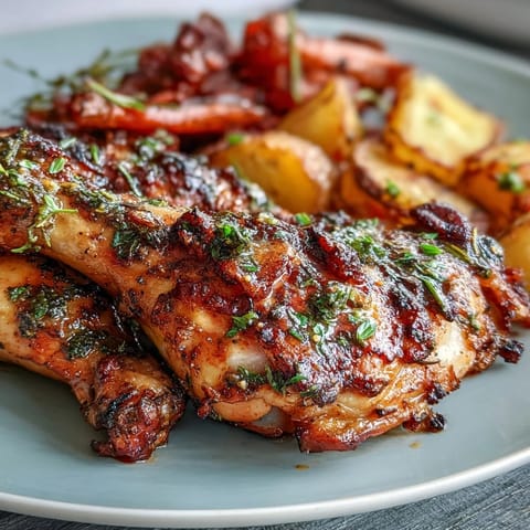 Golden herb-roasted chicken thighs with carrots, parsnips, and sweet potatoes on a sheet pan.  
