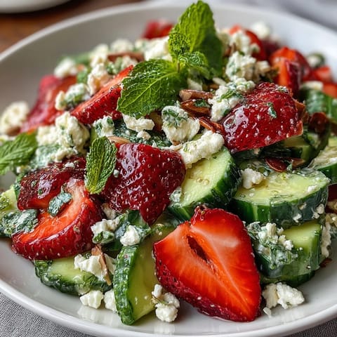A vibrant spring salad with crisp cucumber, sweet strawberries, and fresh mint leaves tossed in a light lemon dressing.  