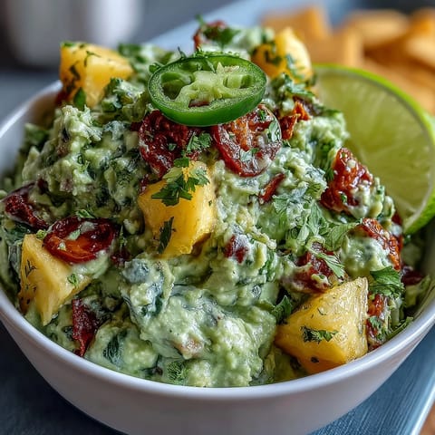 Creamy guacamole with ripe avocado, sweet mango, and a spicy jalapeño kick—ideal for Cinco de Mayo parties.