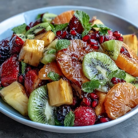 Tropical mango and pineapple fruit platter with vibrant colors and fresh mint garnish, perfect for summer parties or brunches.