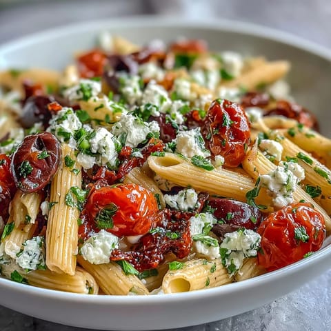 Greek Pasta Salad with Olives and Feta, featuring al dente pasta, briny Kalamata olives, and tangy feta in a herb vinaigrette.