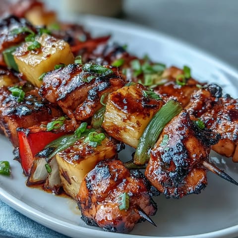 Grilled Pineapple Chicken Skewers with juicy chicken and sweet pineapple chunks, perfect for summer BBQs.