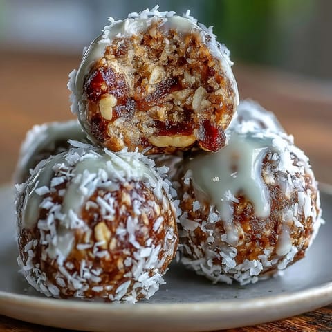 No-bake Carrot Cake Bliss Balls made with walnuts, oats, and warm spices, rolled into bite-sized energy snacks.