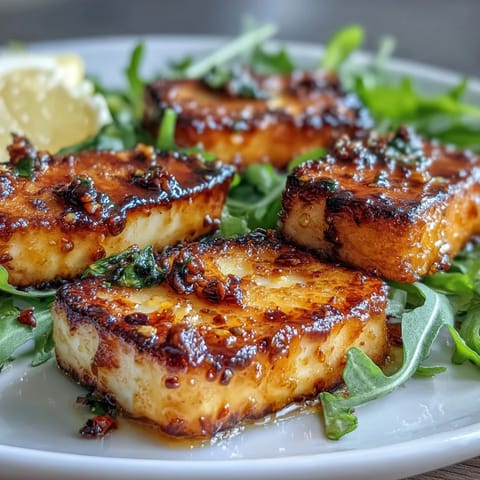 Spicy-sweet hot honey cascades over pan-seared halloumi, paired with peppery arugula for a Mediterranean appetizer.