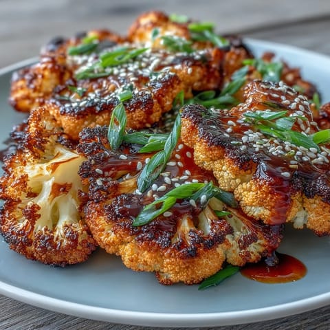 Golden-brown cauliflower steaks glazed with sweet teriyaki sauce, perfect for a flavorful vegetarian main dish.