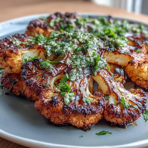 Smoky, tender BBQ Cauliflower Steaks generously drizzled with fresh, zesty chimichurri sauce.
