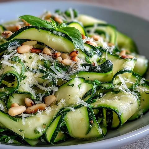 Light and healthy Shaved Zucchini Ribbon Salad, brightened with lemon and fresh basil.