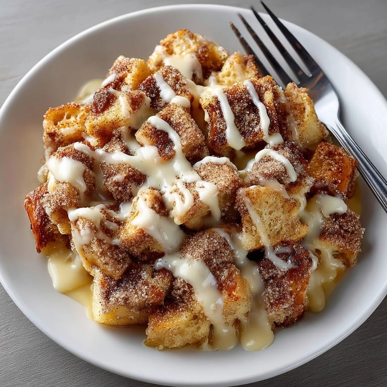 Close-up of cinnamon sugar French toast bread pudding topped with creamy vanilla glaze and crisp edges.