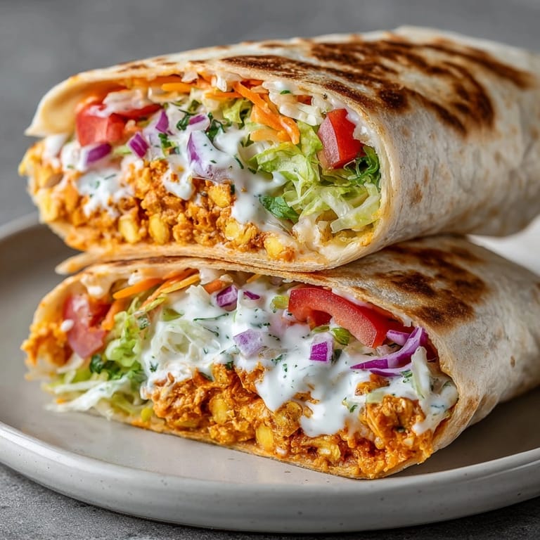 See the vibrant, layered 15-Minute Buffalo Chickpea Crunch Wraps, ready to be folded and served for a tasty lunch.