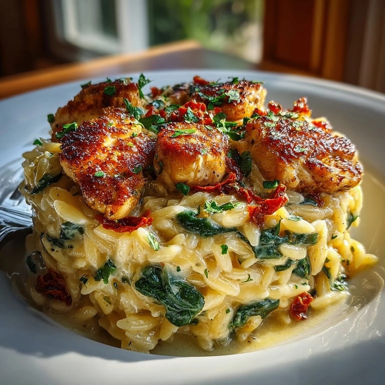 Enjoy a comforting bowl of One-Pot Creamy Tuscan Chicken Orzo made with sun-dried tomatoes and Parmesan.