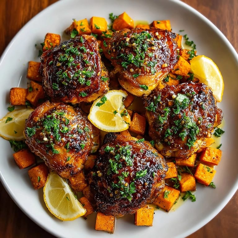 This easy One-Pot Honey Garlic Chicken dinner features flavorful chicken thighs and tender sweet potatoes, perfect.